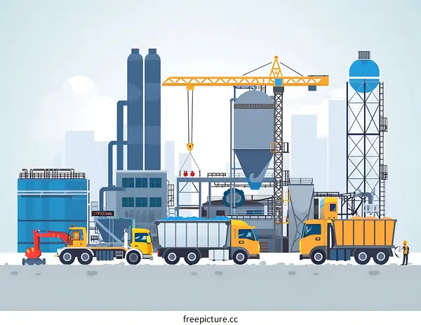 Industrial Factory Construction Site with Crane and Trucks