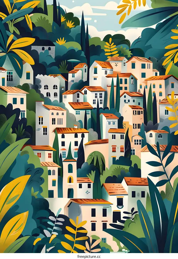 Colorful Illustration of a Hilltop Village Surrounded by Lush Greenery