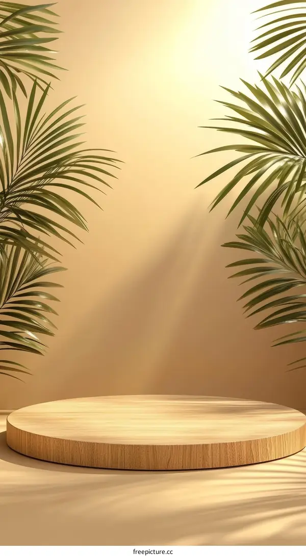 Empty Wooden Display Podium With Tropical Plants