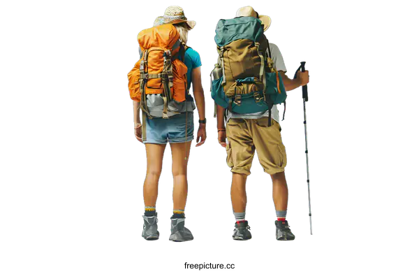 [Transparent Background PNG]Two people with backpacks and hiking gear are standing with their backs to the camera.
