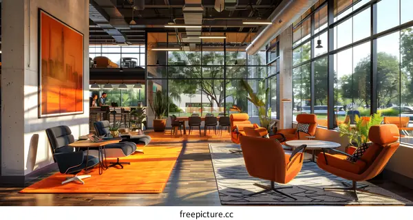 Modern office interior with large windows, orange accents, and comfortable furniture