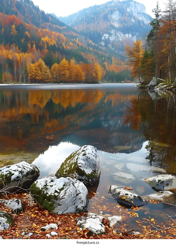 colorful autumn trees and rocks in a mountain lake