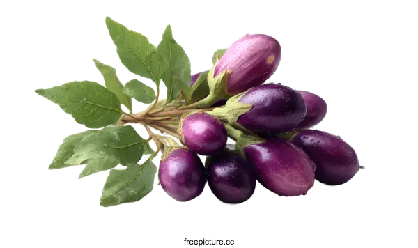 [Transparent Background PNG]Purple Eggplant Bunch with Leaves on White Background