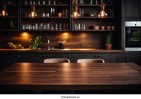 Rustic Kitchen Design: Wooden Table & Dark Cabinets