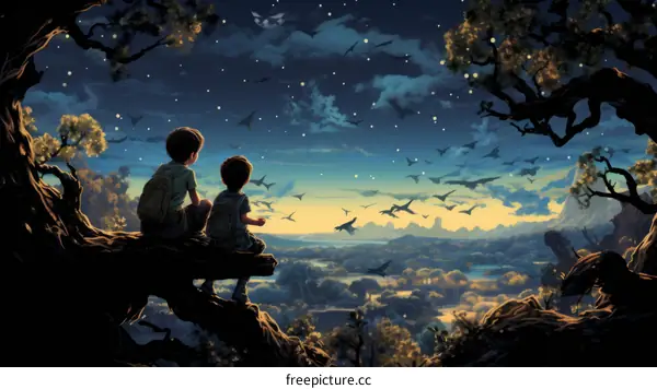 Two boys sitting on a branch looking at the starry sky