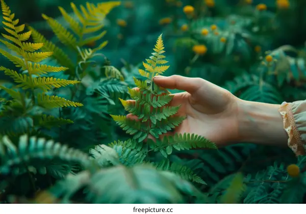 A hand touching a fern frond