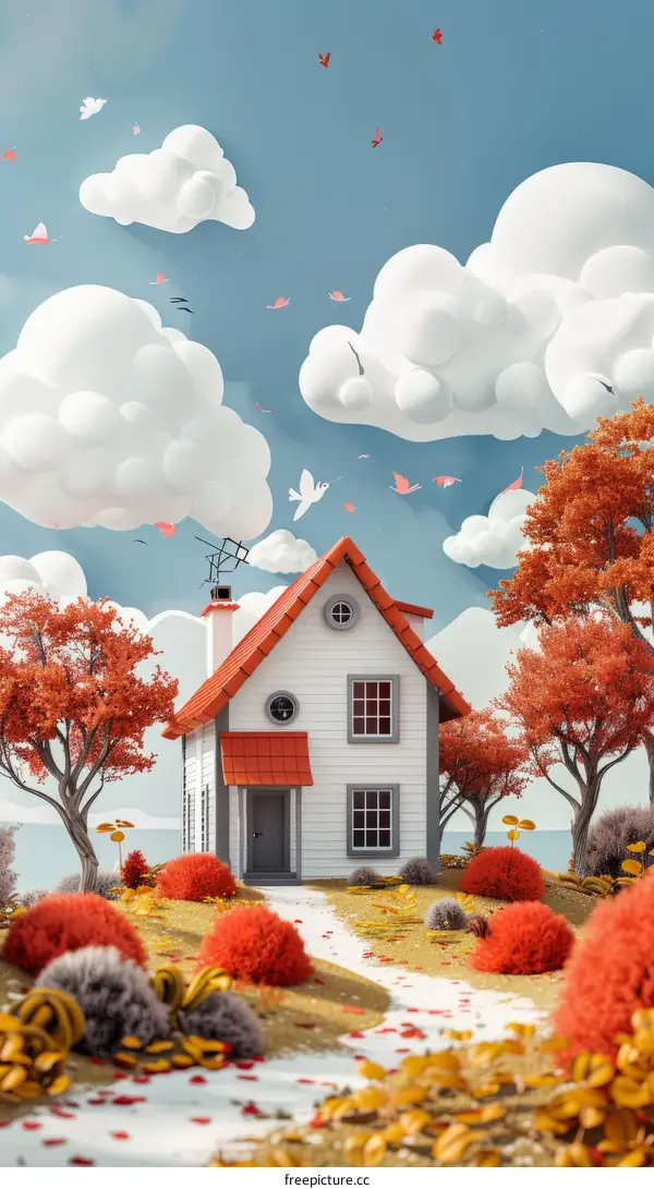 Small house in the middle of a field with red trees