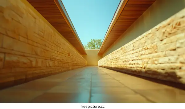 Long and empty corridor with brick walls and wooden roof