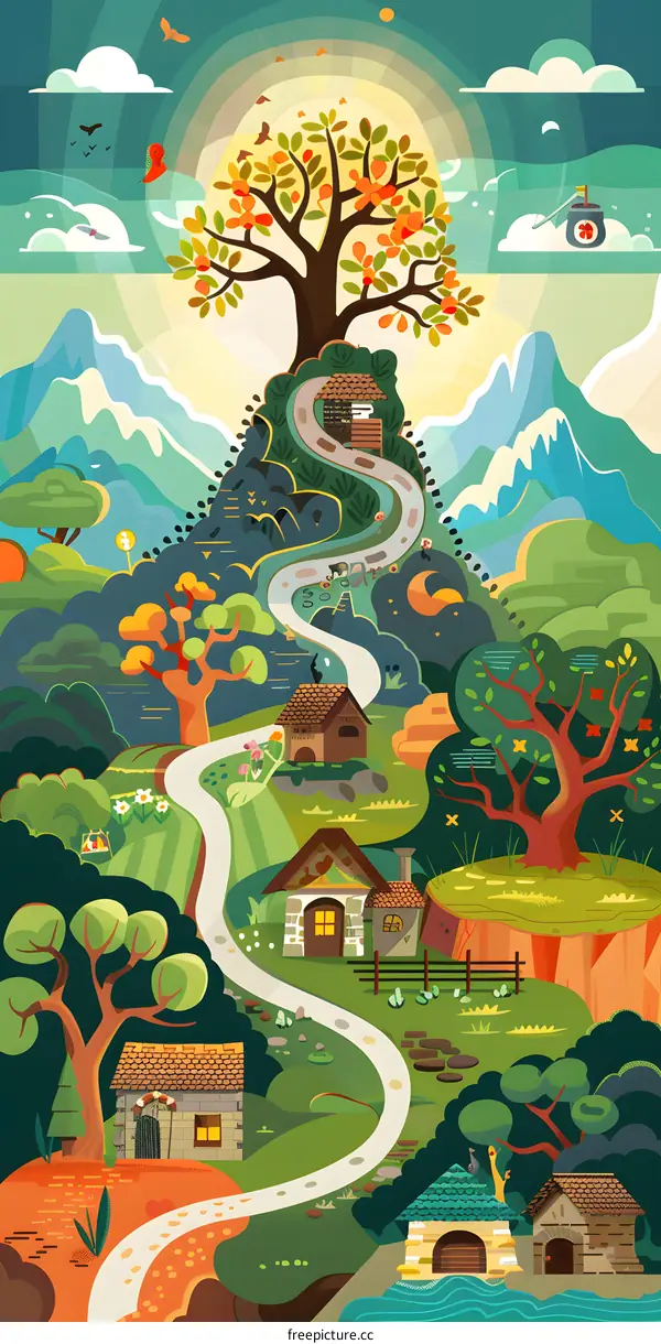 Beautiful Illustration of a Winding Road Through a Colorful Forest
