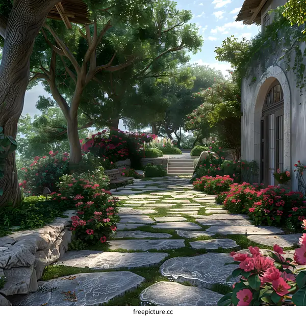 Flowers by the stone house