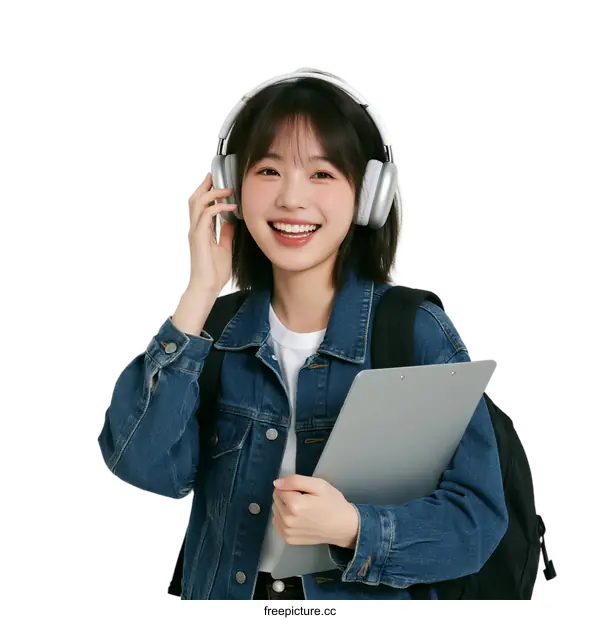 [Transparent Background PNG]Young woman wearing headphones and holding a clipboard