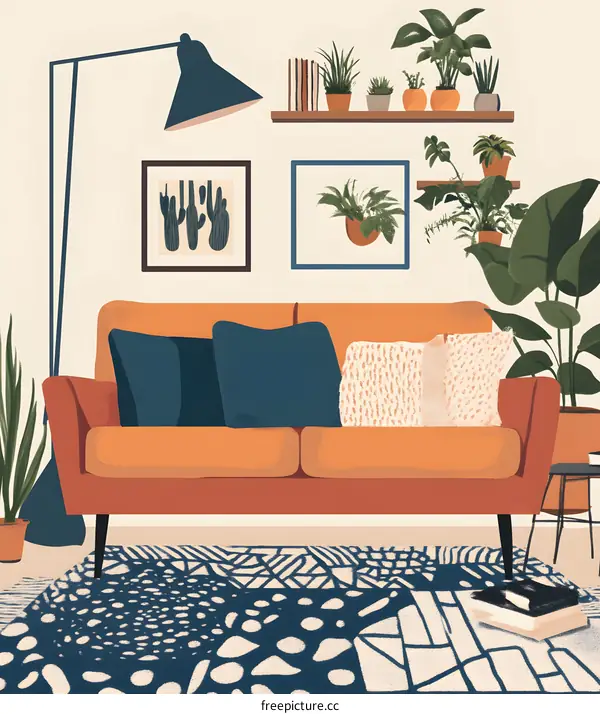 Modern Living Room Interior Design Illustration with Plants and Sofa
