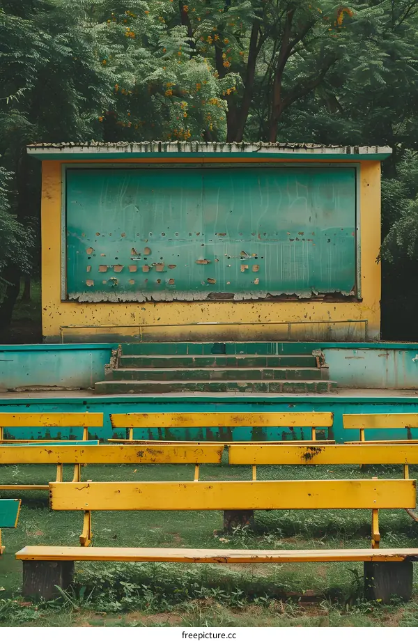 Vintage Wooden Benches in Front of a Stage with a Worn Out Sign