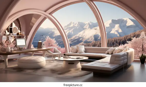 futuristic living room interior design with large windows and mountain views