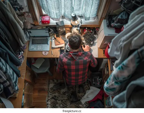 A man sitting in a cluttered room with clothes hanging everywhere