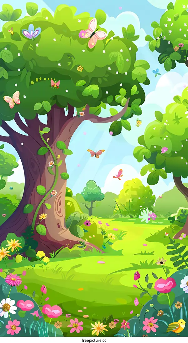 Green Forest with Butterflies and Flowers Illustration