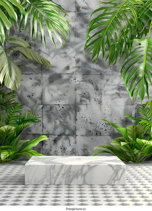 White Marble Pedestal in Front of Gray Concrete Wall with Tropical Plants