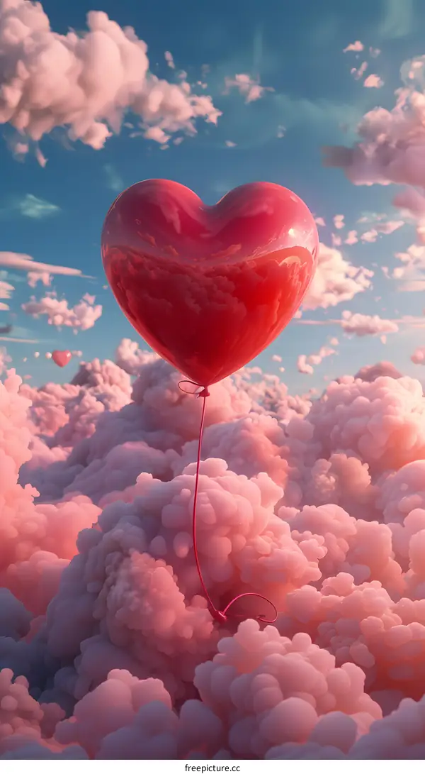 A pink heart balloon floating in the clouds