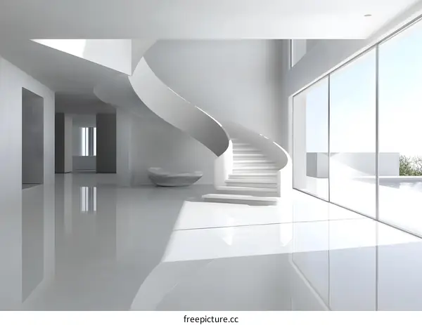 Modern Minimalist Home Interior Design with White Spiral Staircase