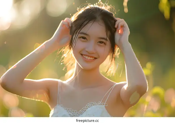 Portrait of a smiling young Asian woman in a white dress standing in a field of flowers