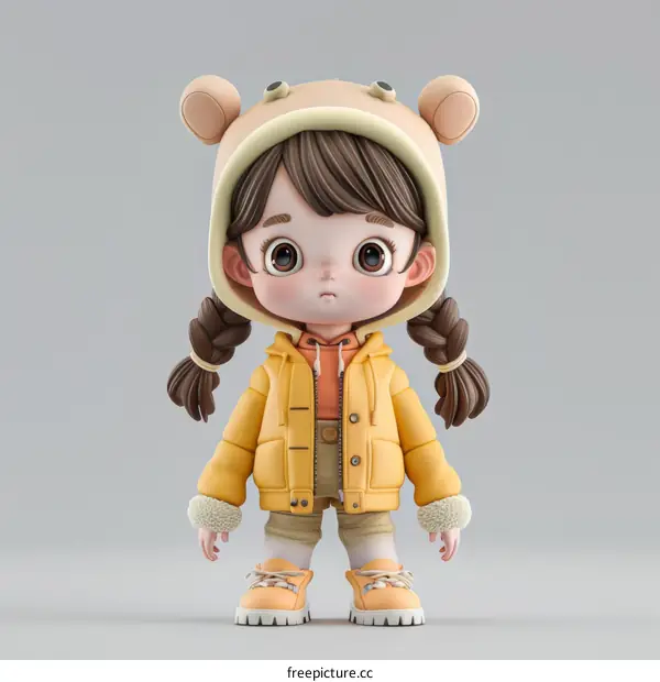3D rendering of a cute girl wearing a bear-eared hoodie