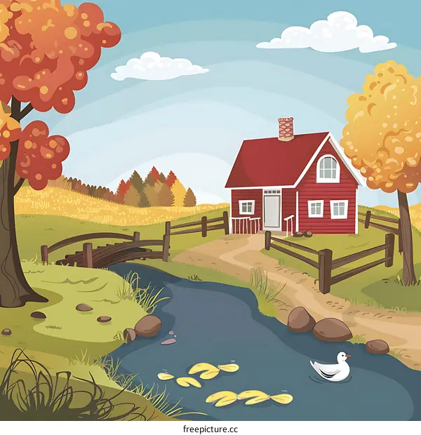Red House by the Stream in Autumn