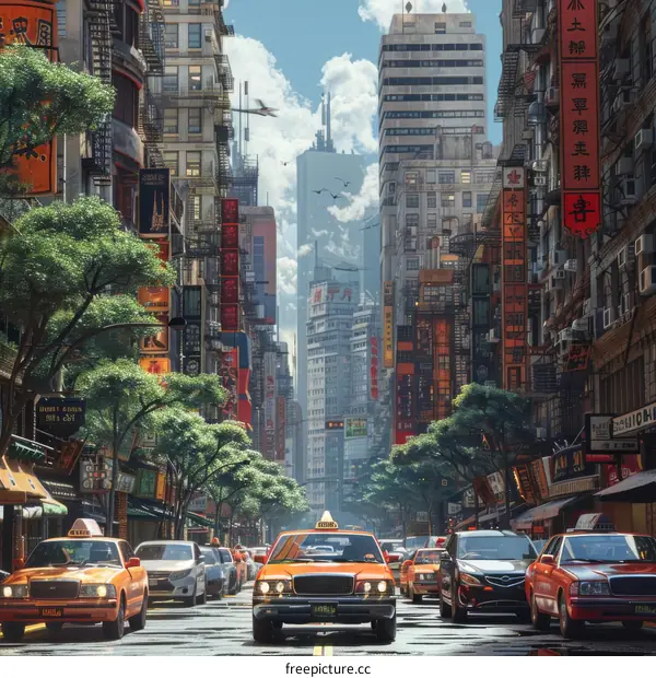 Futuristic Asian City Street Scene with Cars