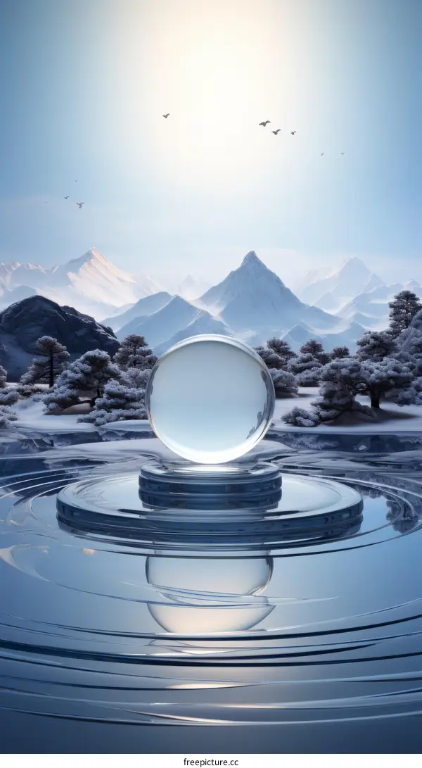 Crystal ball on a pedestal in a winter landscape