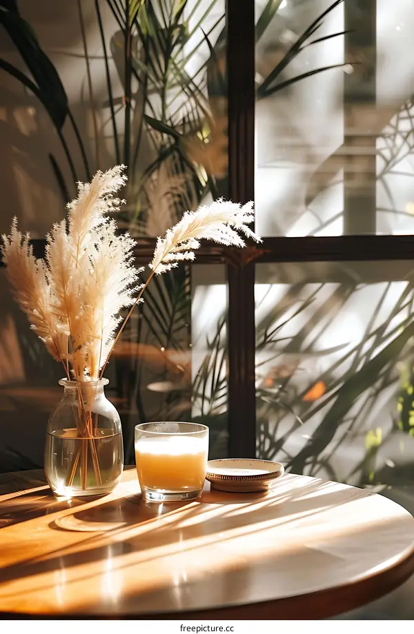 Sunlight Through Window With Dried Pampas Grass and Candle on Table
