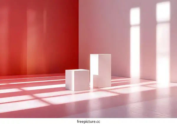 Minimalist White Cube Display Platform With Red and White Background
