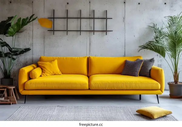 Modern Yellow Sofa in a Concrete Living Room