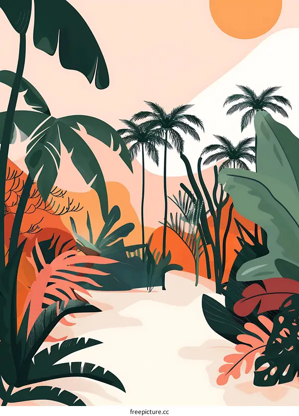 Tropical Jungle Landscape Illustration with Palm Trees and Lush Foliage