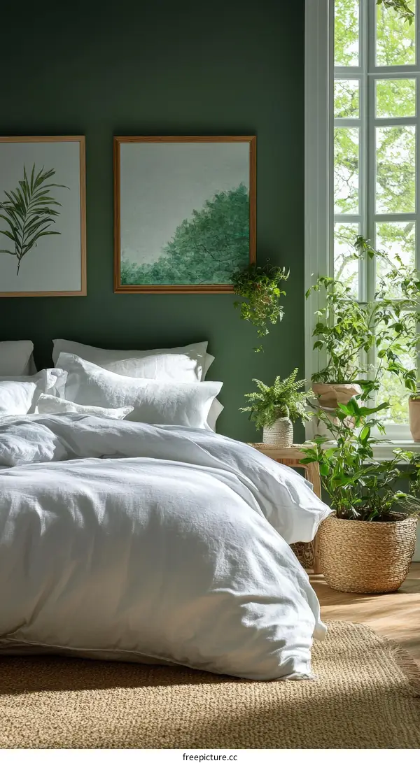Green Bedroom with White Bedding and Artwork