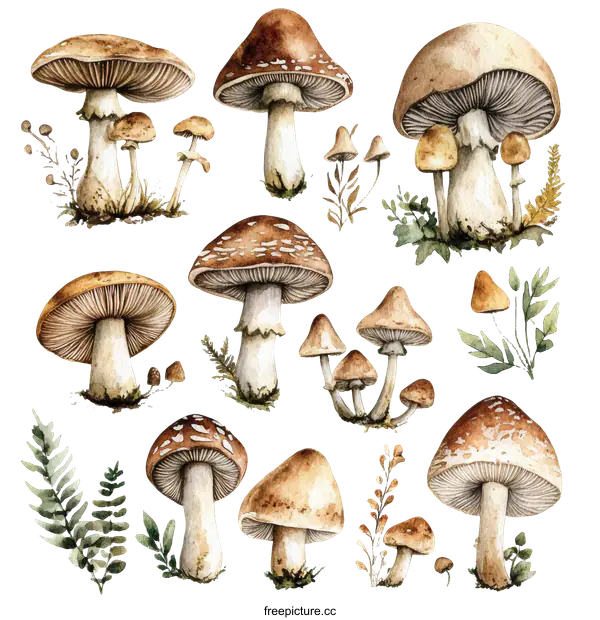 [Transparent Background PNG]Watercolor Illustration of Various Mushrooms and Plants