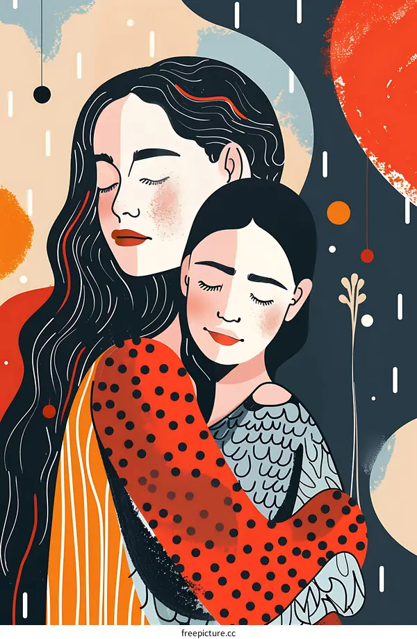 Mother and Daughter Hugging Illustration With Abstract Shapes in the Background