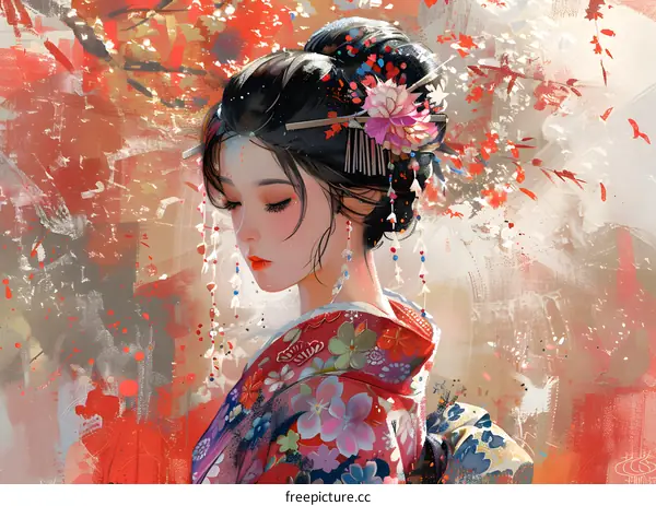 A digital painting of a beautiful Asian woman in a red kimono with a pink flower in her hair.
