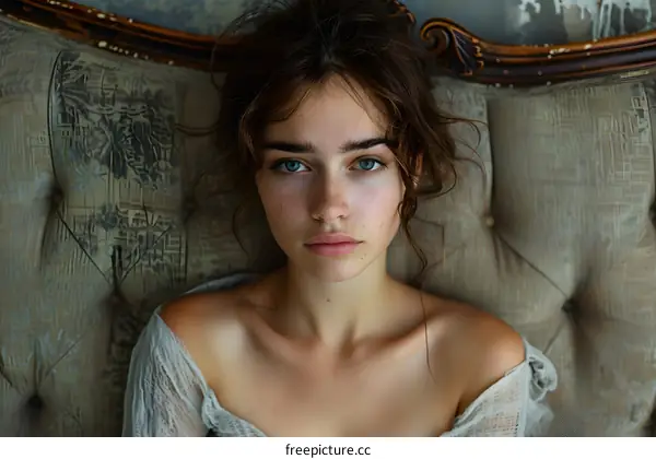 Portrait of a young woman with freckles and blue eyes