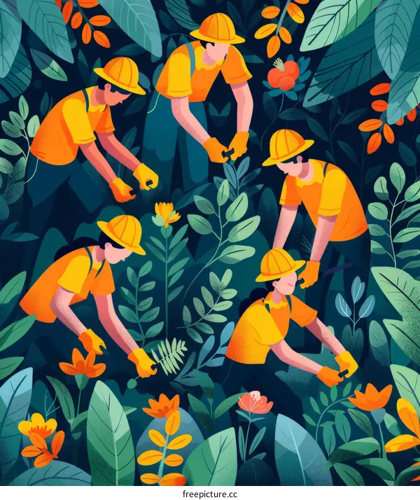 Diverse Group of People Working in a Lush Garden Illustration