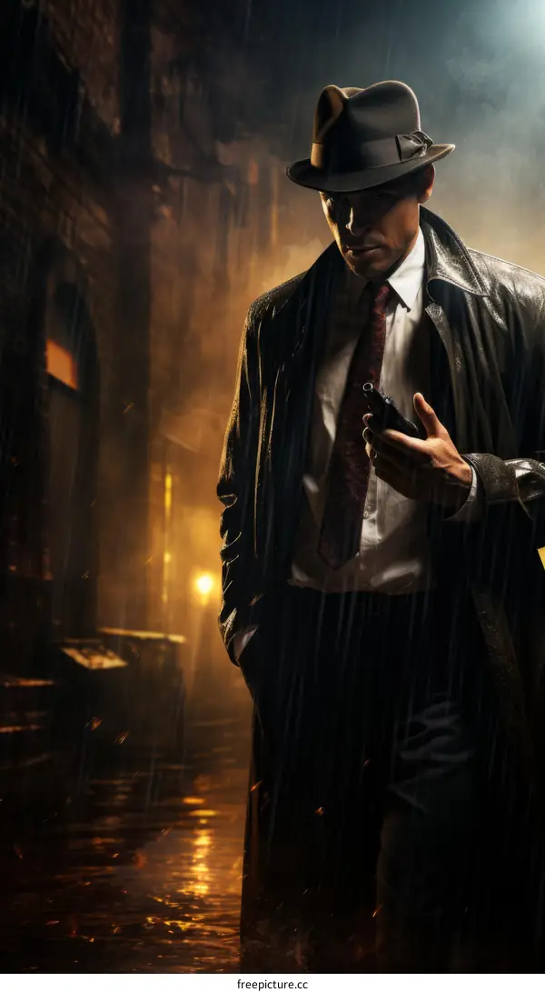 Man in a hat and trench coat holding a gun