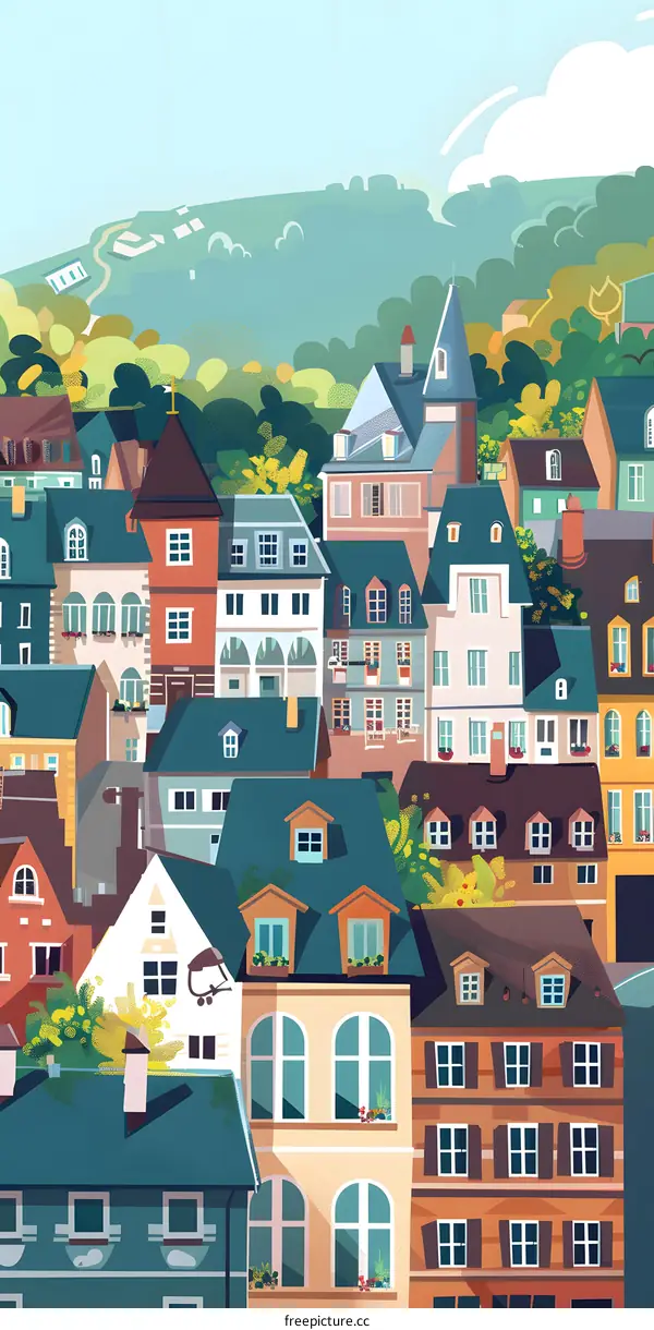 Colorful Illustration of a European Village with Houses, Roofs, and Green Trees