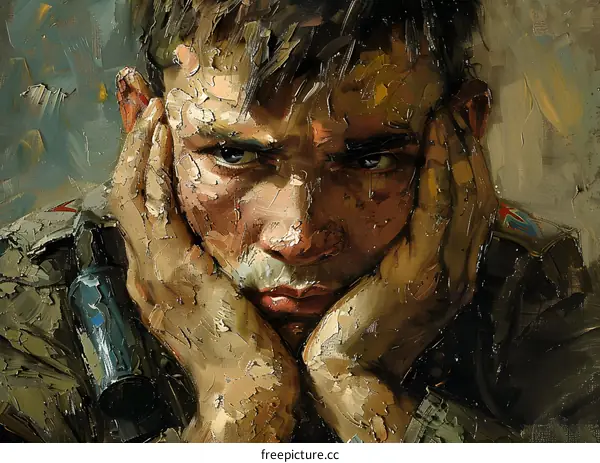 Portrait of a soldier with hands on face