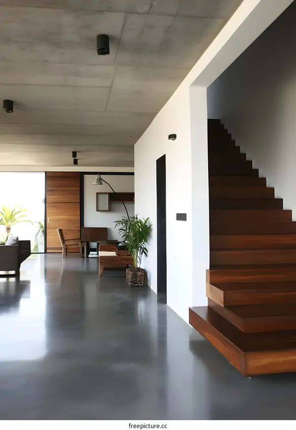 Modern House Interior with Concrete Ceiling and Wooden Stairs