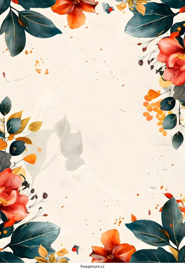 Floral Frame with Watercolor Flowers and Leaves