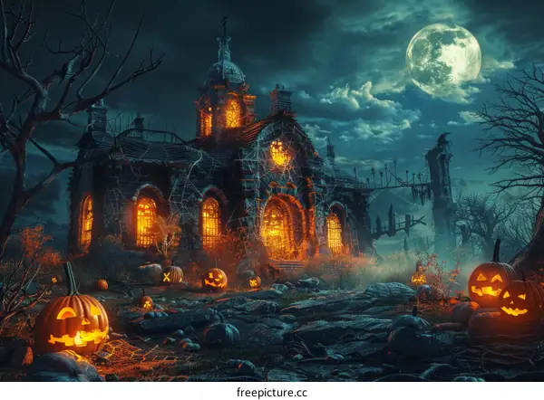 Spooky Haunted House with Eerie Halloween Pumpkins