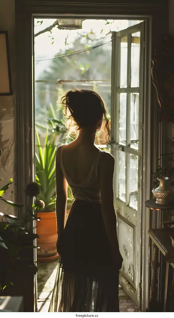 Silhouette of a Woman Standing in a Doorway Looking Out