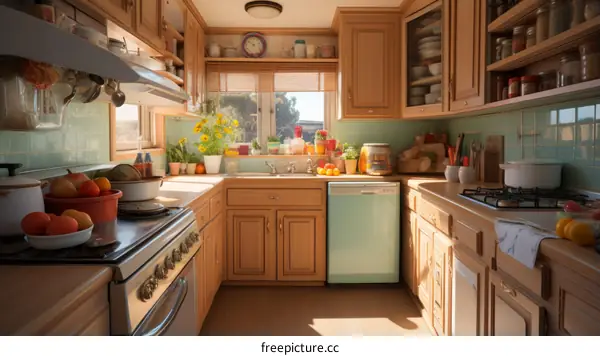 Beautiful Kitchen with Blue Refrigerator and Wood Cabinets
