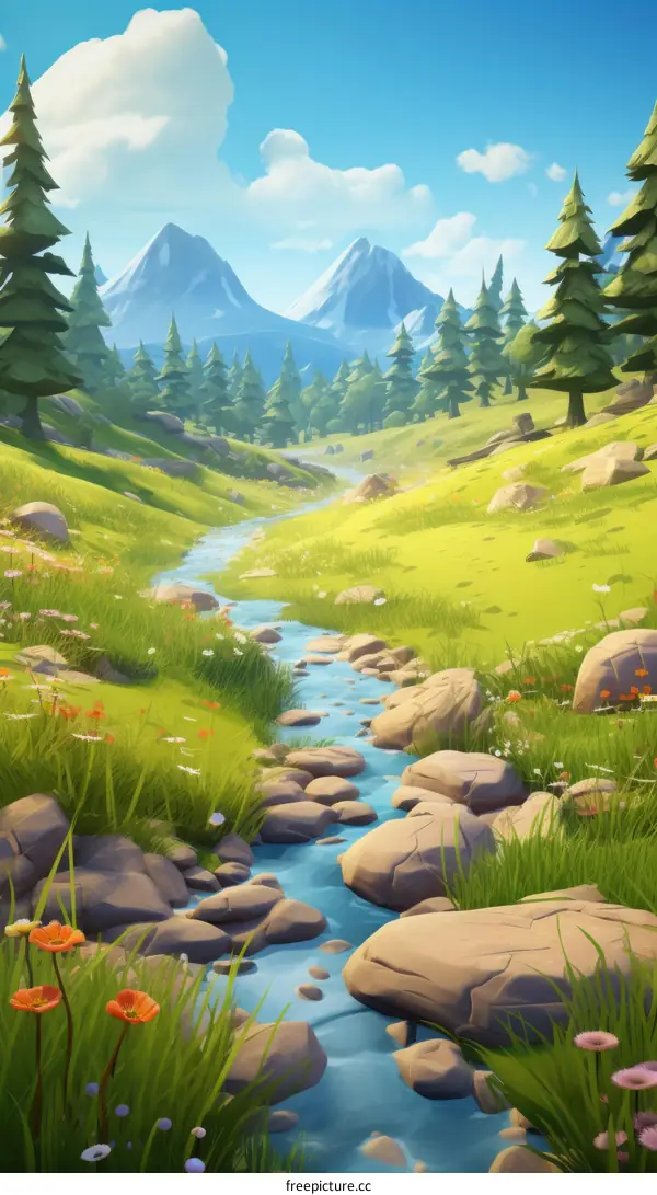 A river flowing through a valley with mountains in the background