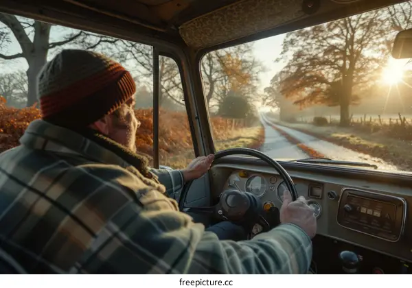 A man driving a car on a rural road