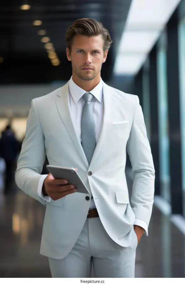 Businessman in a white suit holding a tablet