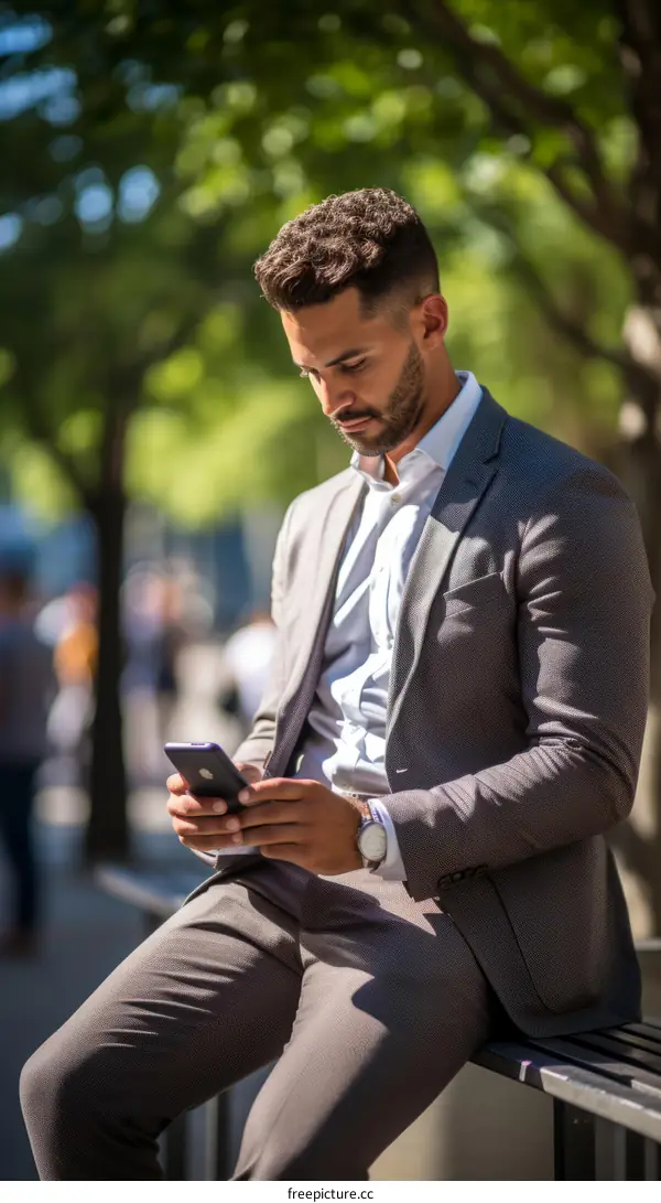 Young professional man checking his phone while sitting on a bench in the city